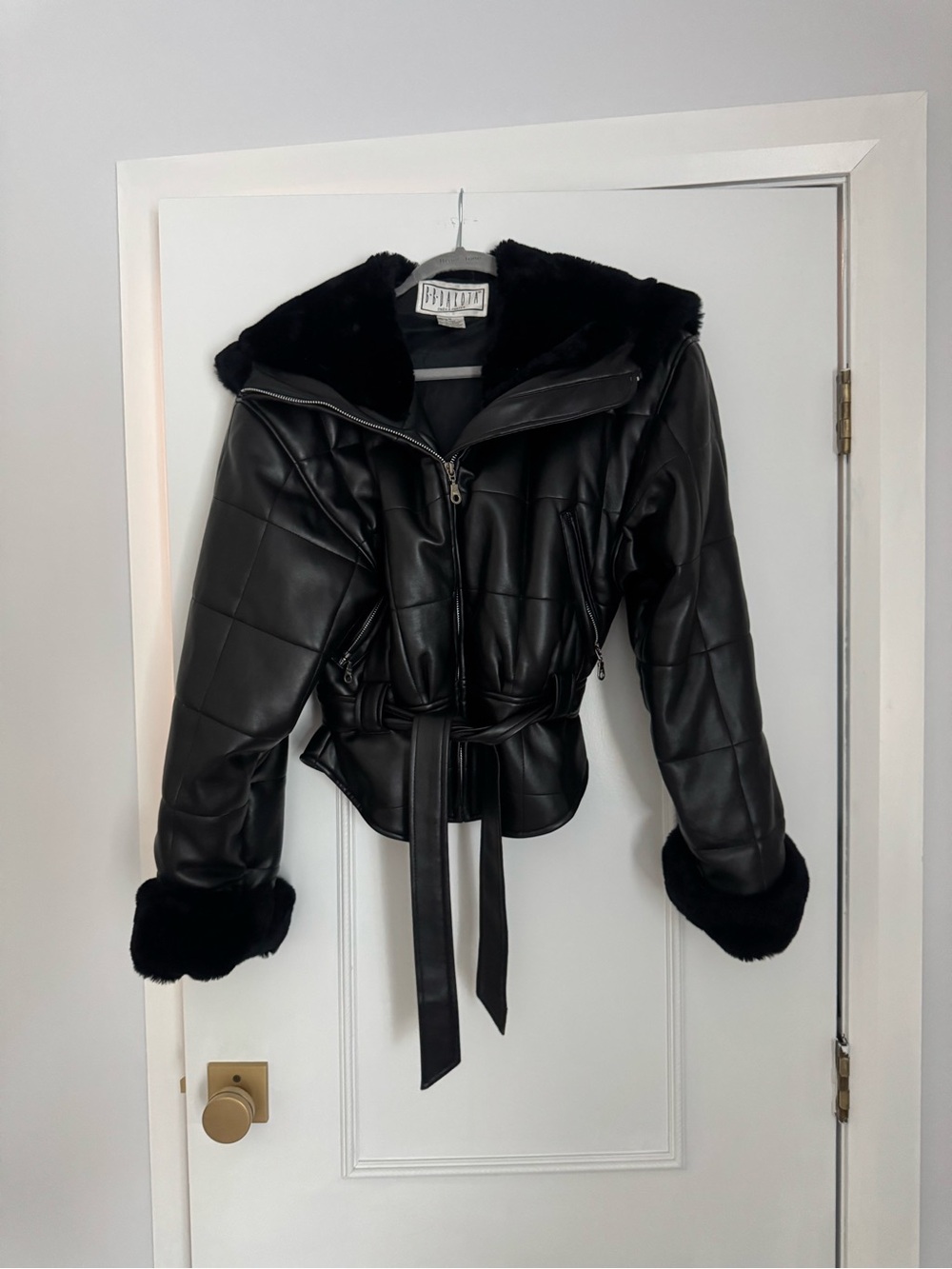 Vintage BB Dakota Black Quilted Faux Leather Belted Jacket with Faux Fur Trim